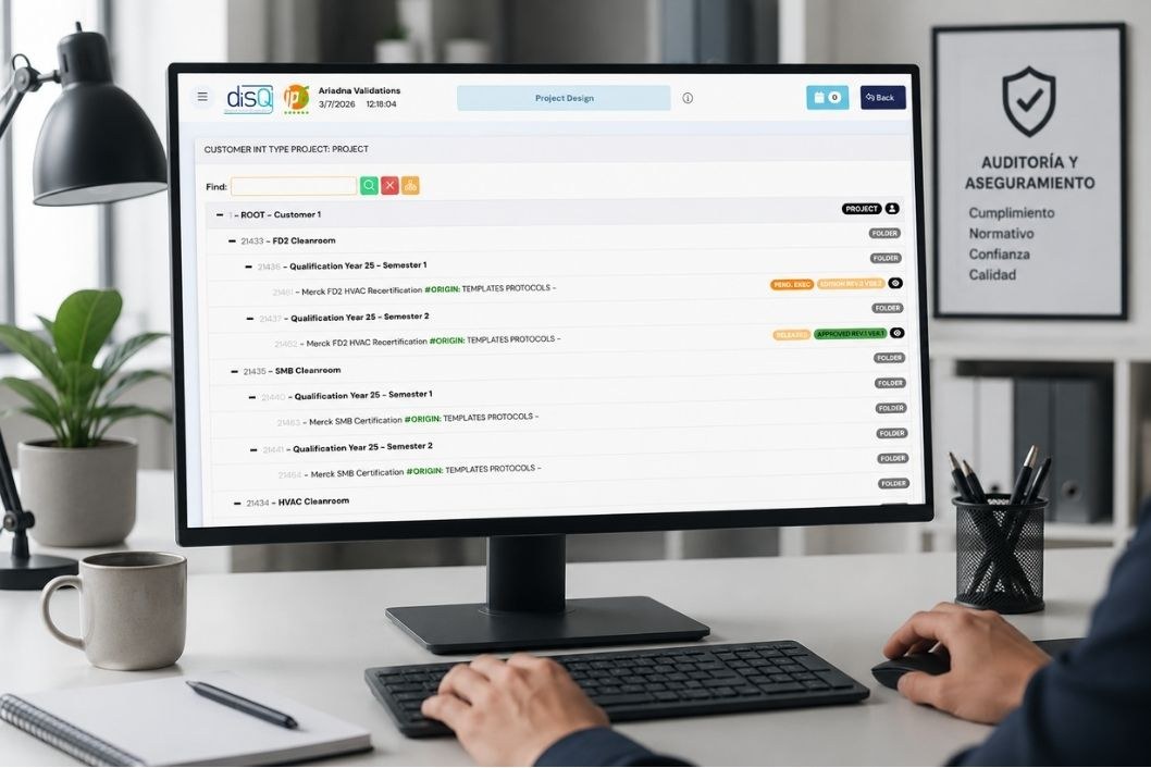 IP6 DiSQ screen showing a customer's qualification tree, with a background poster about audit, regulatory compliance and quality