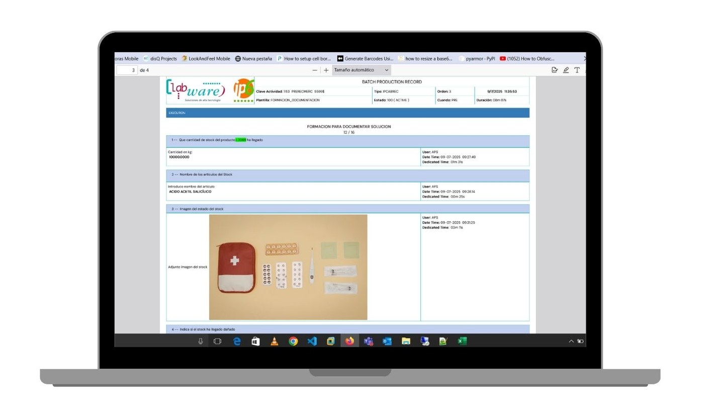 Pantalla real de un Batch Production Record de IP6 MES, con un paso de ejecución documentado y su evidencia fotográfica adjunta