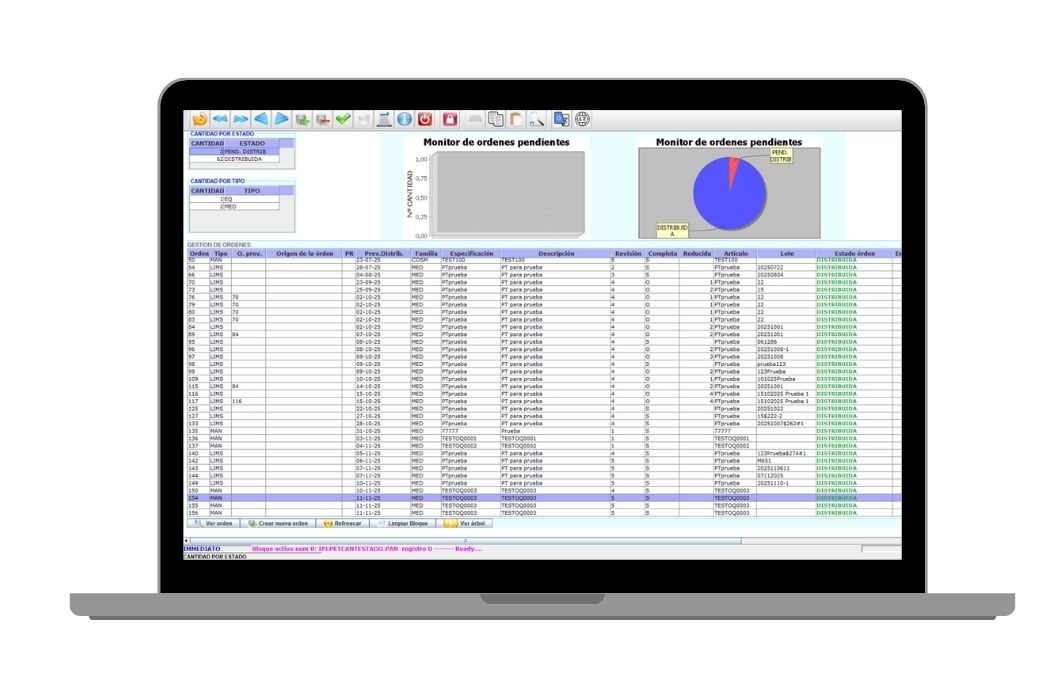 Pantalla real de IP6 LIMS con la gestión de órdenes de laboratorio, monitor de pendientes y estado de cada especificación