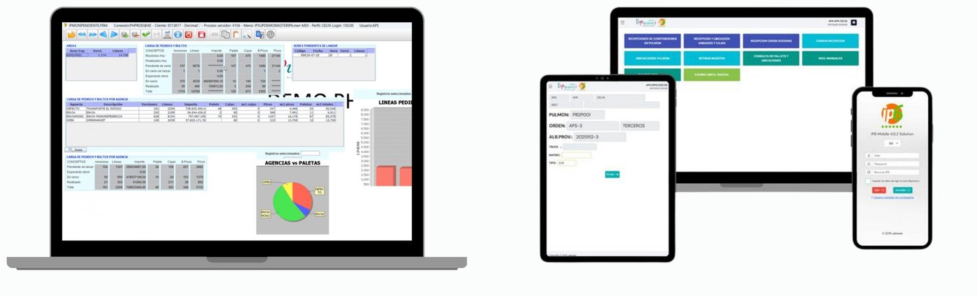 Pantallas reales de IP6 WMS: gestión de pedidos y bultos en PC junto a la app de recepción y ubicación en tablet y móvil