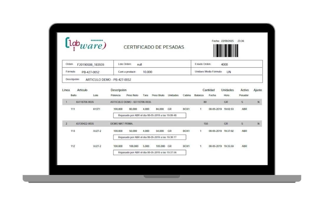 Real weighing certificate generated by IP6 W&D, with the detail of every weighing, batch and operator